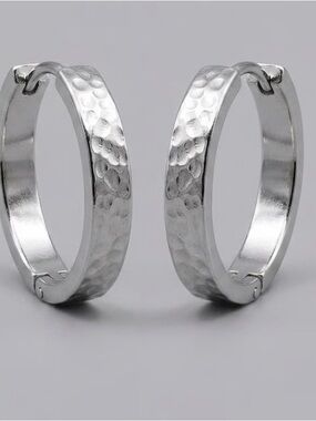 Hammered designs Silver Stainless Shiny Finish Hoops Earrings for Women